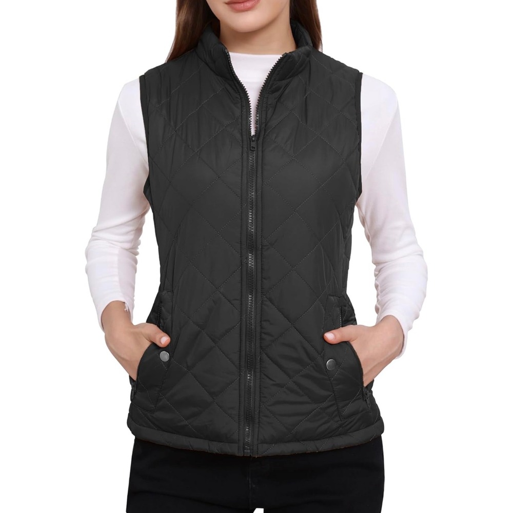 Allegra K Quilted Puffer Vest Womens Black‎ Stand Collar Sleeveless Zip Up